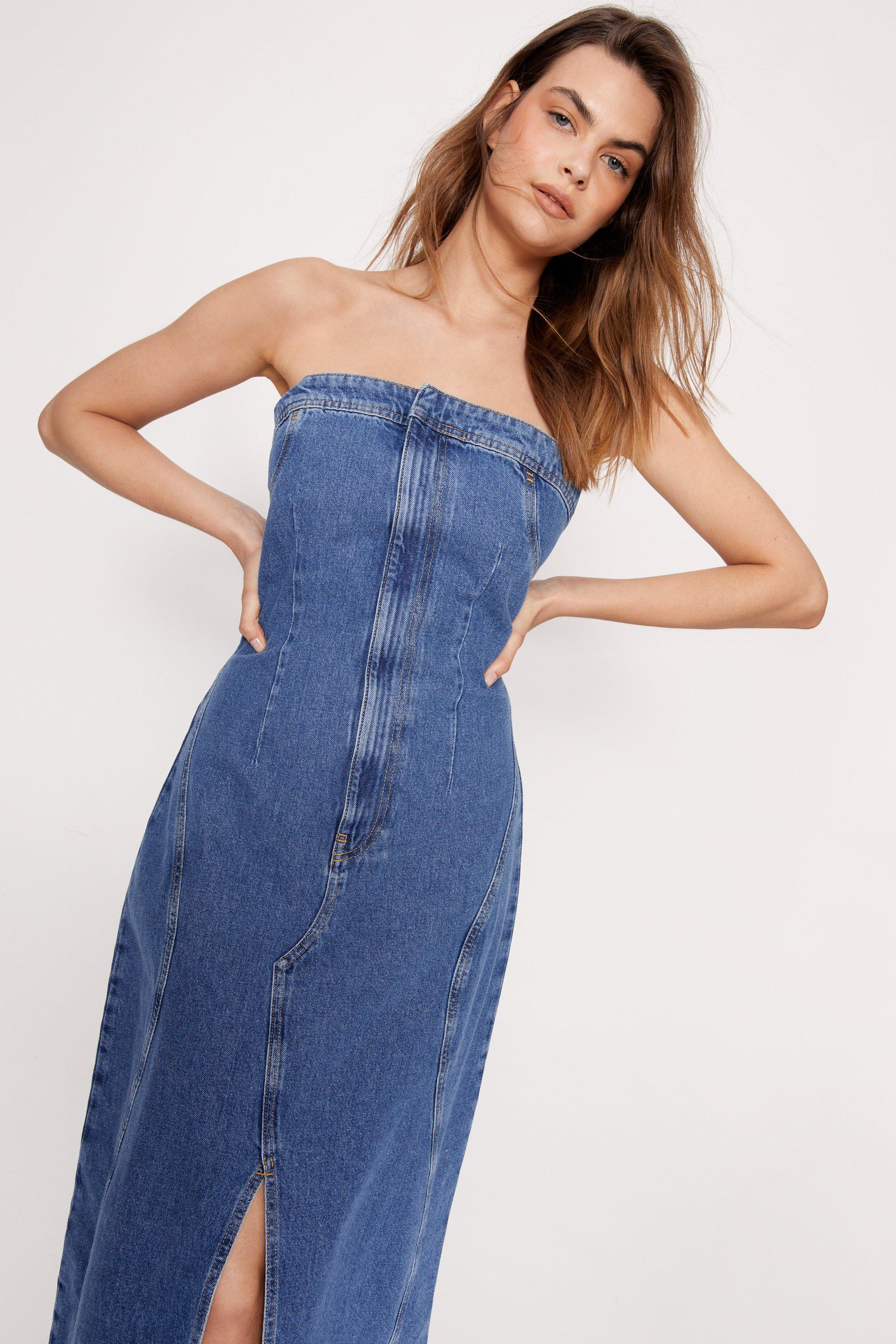 Seam Detail Split Front Denim Bandeau Maxi Dress